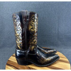 VTG Mens Double H Brown Leather Western Embroidered Flower Cowboy Boots Sz 9.5D